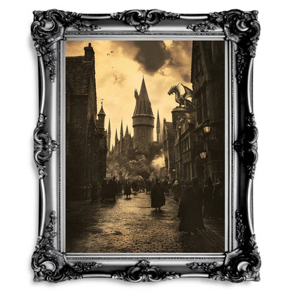 Enchanted Wizard School Street Wall Art Print - Sepia Fantasy with Dragon - Everything Pixel