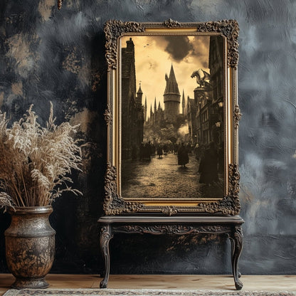 Enchanted Wizard School Street Wall Art Print - Sepia Fantasy with Dragon - Everything Pixel