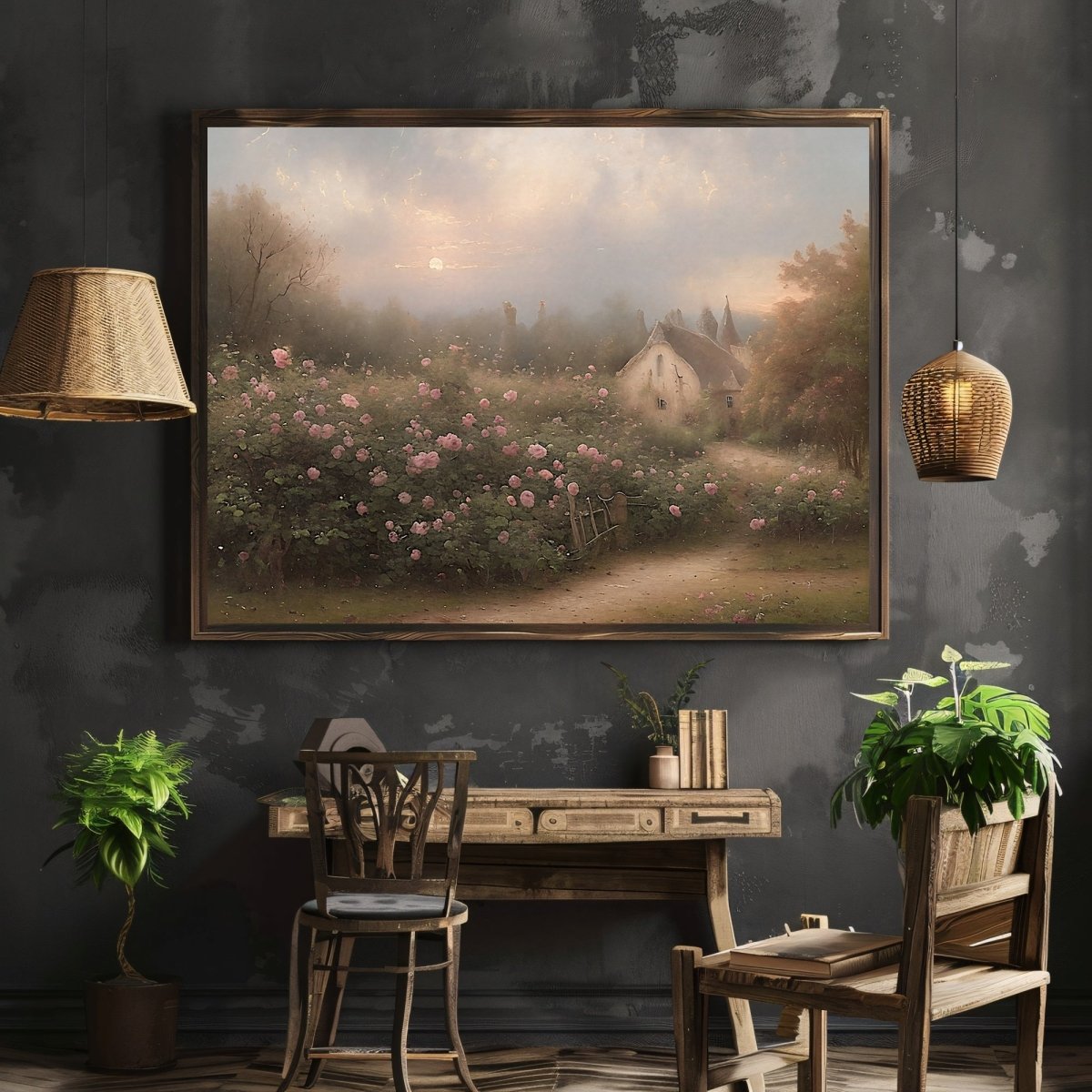 English cottage rose garden vintage oil painting farmhouse decor ...