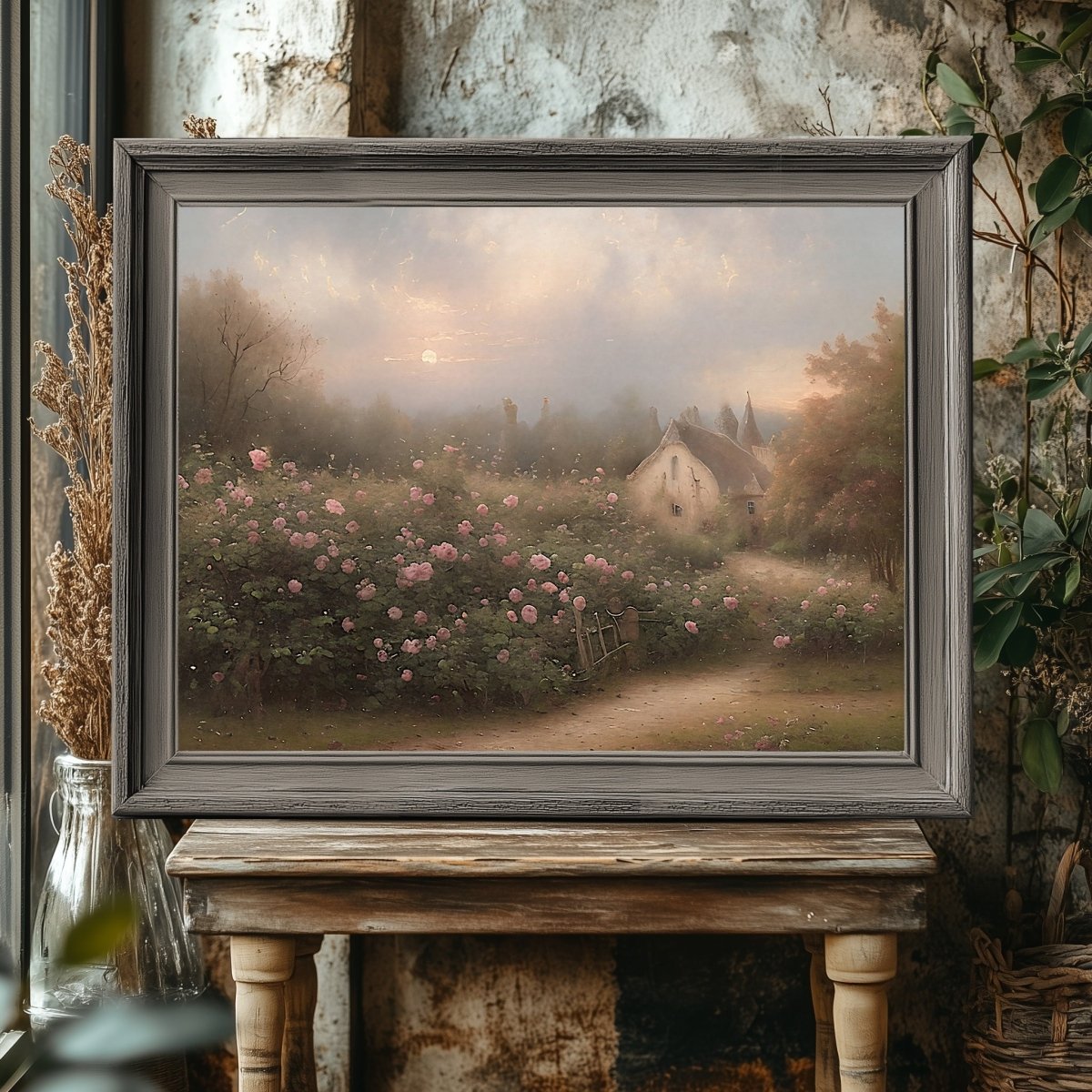 English cottage rose garden vintage oil painting farmhouse decor ...