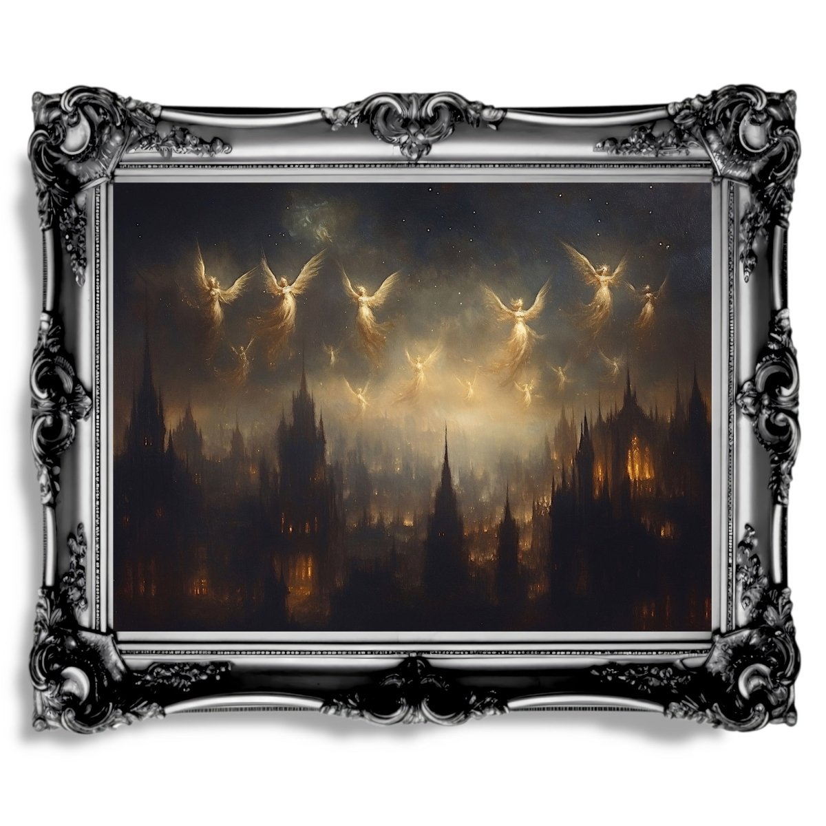 Ethereal Angels Over Gothic Cityscape Wall Art Print – Mystical Lantern - Lit Windows & Starry Night - Everything Pixel