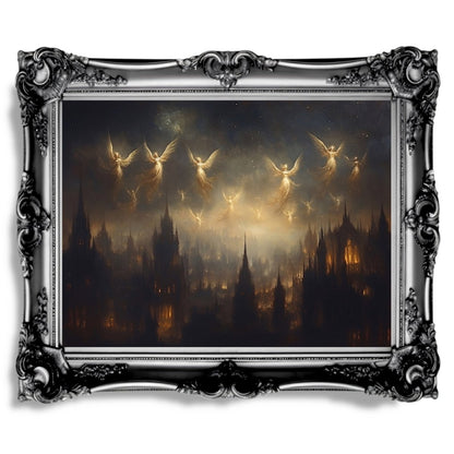 Ethereal Angels Over Gothic Cityscape Wall Art Print – Mystical Lantern - Lit Windows & Starry Night - Everything Pixel