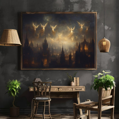 Ethereal Angels Over Gothic Cityscape Wall Art Print – Mystical Lantern - Lit Windows & Starry Night - Everything Pixel