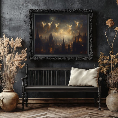 Ethereal Angels Over Gothic Cityscape Wall Art Print – Mystical Lantern - Lit Windows & Starry Night - Everything Pixel