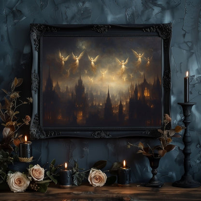 Ethereal Angels Over Gothic Cityscape Wall Art Print – Mystical Lantern - Lit Windows & Starry Night - Everything Pixel