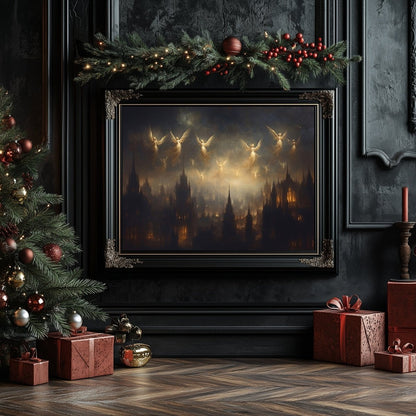 Ethereal Angels Over Gothic Cityscape Wall Art Print – Mystical Lantern - Lit Windows & Starry Night - Everything Pixel