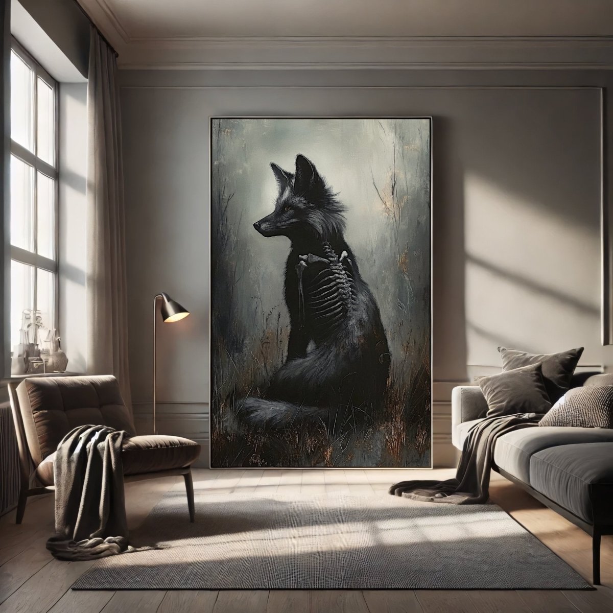 Ethereal Black Fox Wall Art Print – Gothic Woodland Fantasy with Skeletal Frame - Everything Pixel