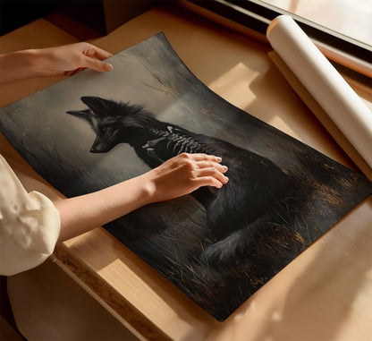 Ethereal Black Fox Wall Art Print – Gothic Woodland Fantasy with Skeletal Frame - Everything Pixel