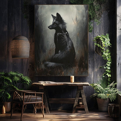 Ethereal Black Fox Wall Art Print – Gothic Woodland Fantasy with Skeletal Frame - Everything Pixel