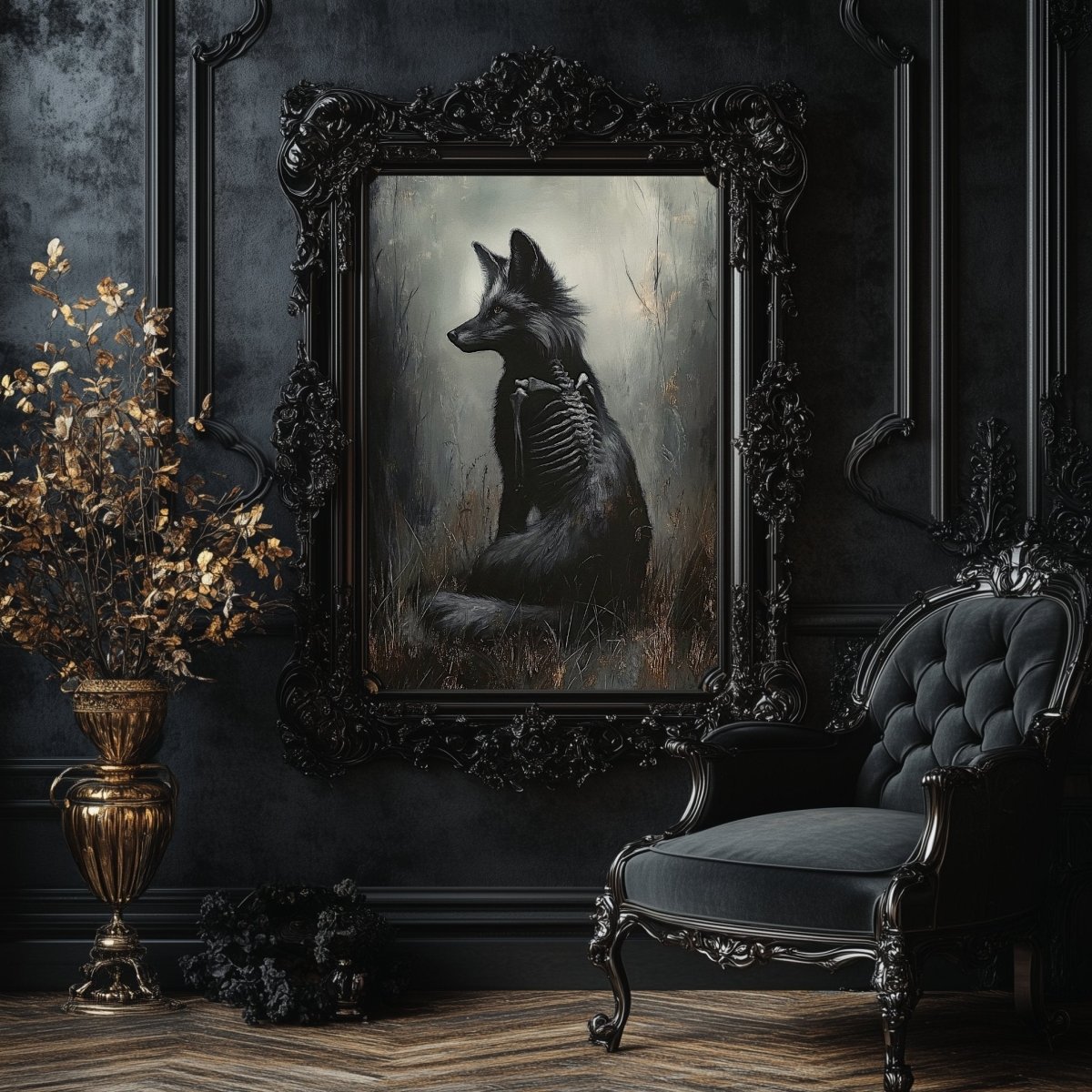 Ethereal Black Fox Wall Art Print – Gothic Woodland Fantasy with Skeletal Frame - Everything Pixel