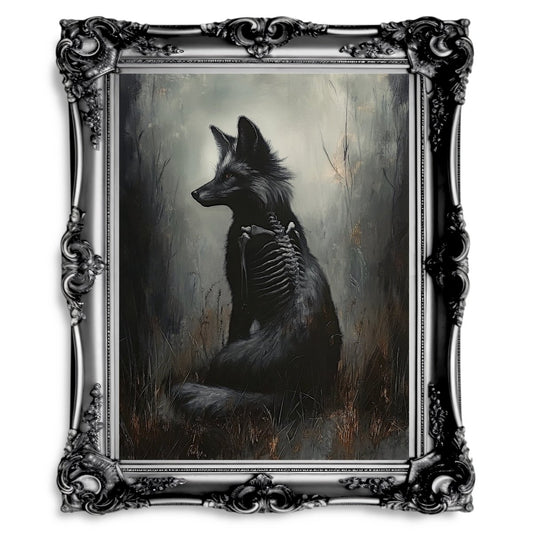 Ethereal Black Fox Wall Art Print – Gothic Woodland Fantasy with Skeletal Frame - Everything Pixel