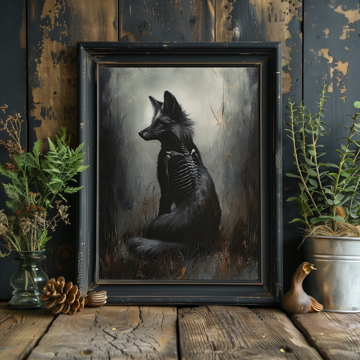 Ethereal Black Fox Wall Art Print – Gothic Woodland Fantasy with Skeletal Frame - Everything Pixel