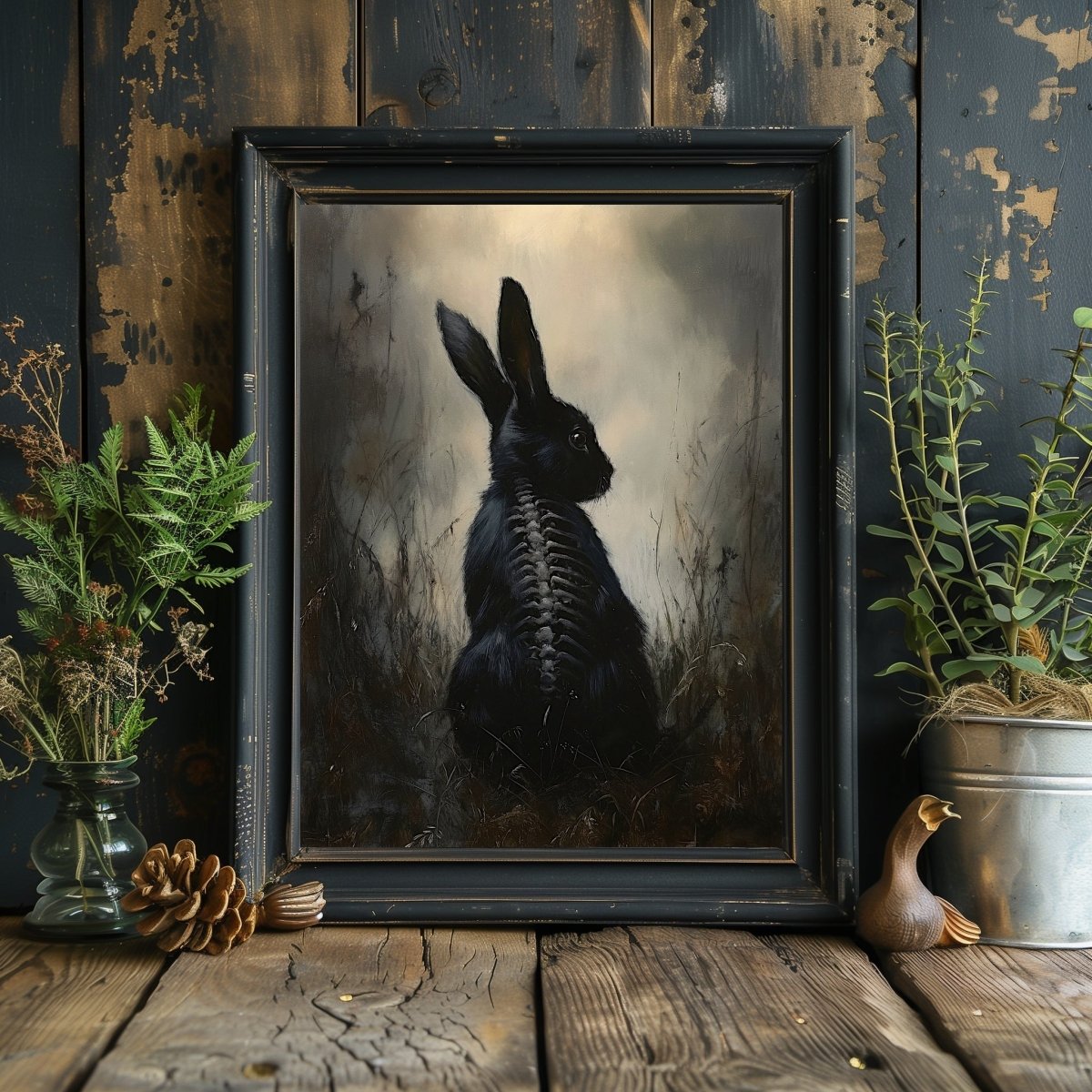 Ethereal Black Rabbit Wall Art Print – Gothic Woodland Fantasy with Skeletal Details - Everything Pixel