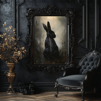 Ethereal Black Rabbit Wall Art Print – Gothic Woodland Fantasy with Skeletal Details - Everything Pixel