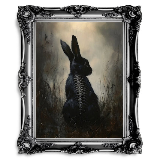 Ethereal Black Rabbit Wall Art Print – Gothic Woodland Fantasy with Skeletal Details - Everything Pixel