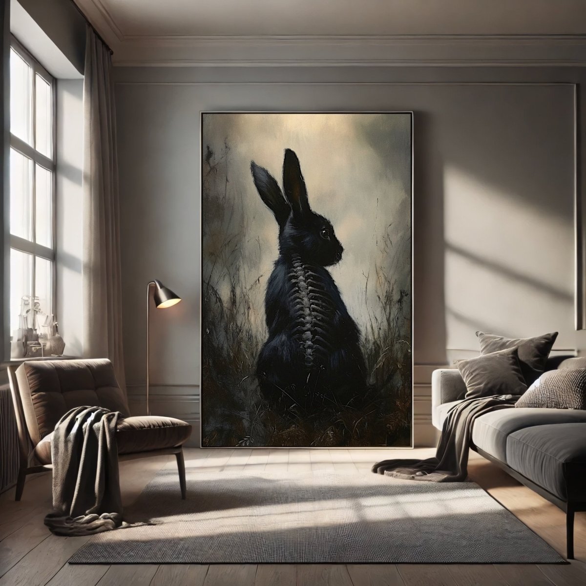 Ethereal Black Rabbit Wall Art Print – Gothic Woodland Fantasy with Skeletal Details - Everything Pixel