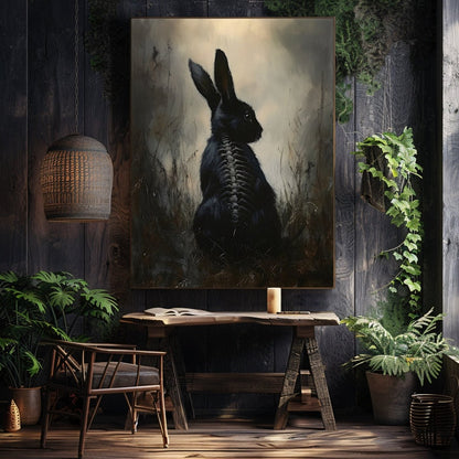 Ethereal Black Rabbit Wall Art Print – Gothic Woodland Fantasy with Skeletal Details - Everything Pixel