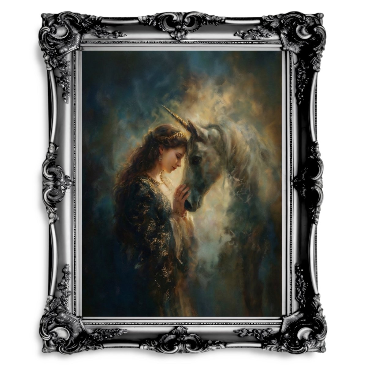 Eve & Unicorn Golden Celestial Wall Art Print – Enchanted Fairytale Fantasy Décor for Magical Interiors - Everything Pixel