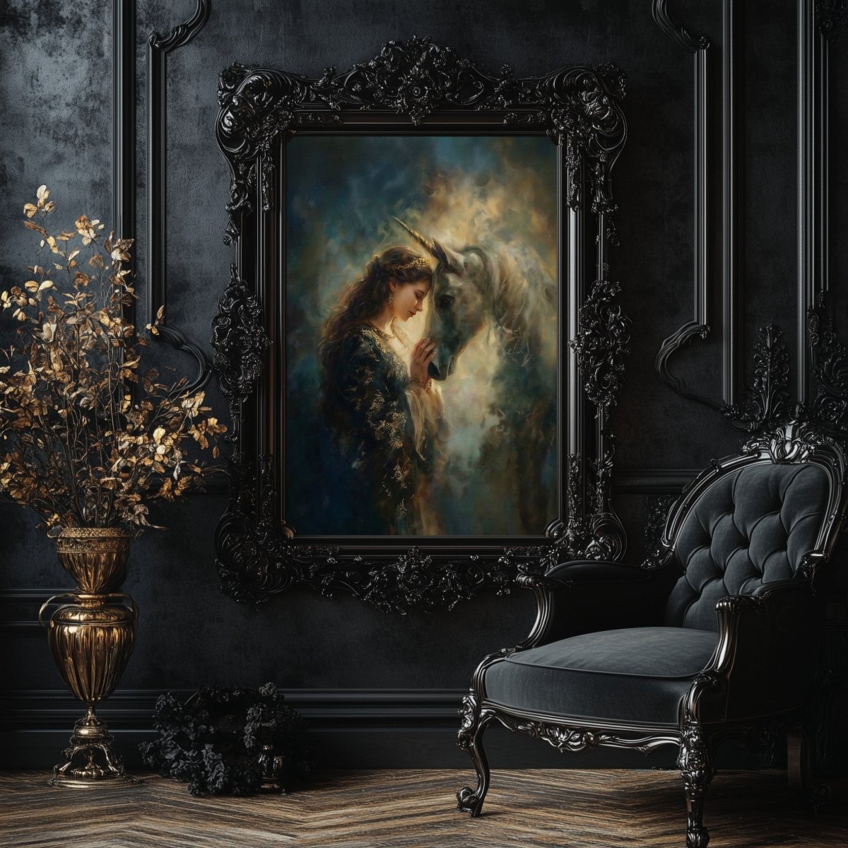 Eve & Unicorn Golden Celestial Wall Art Print – Enchanted Fairytale Fantasy Décor for Magical Interiors - Everything Pixel