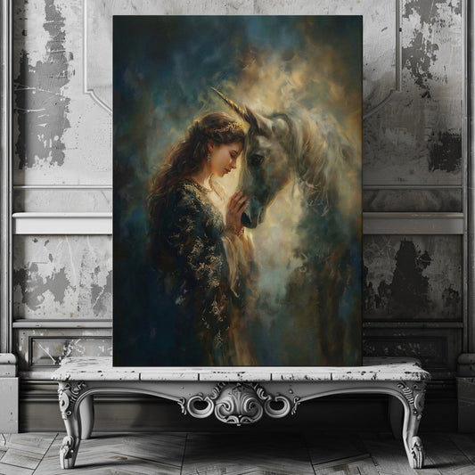 Eve with Celestial Unicorn Canvas Print – Glowing Mythic Fantasy Artwork for Enchanted Fairycore Spaces - Everything Pixel