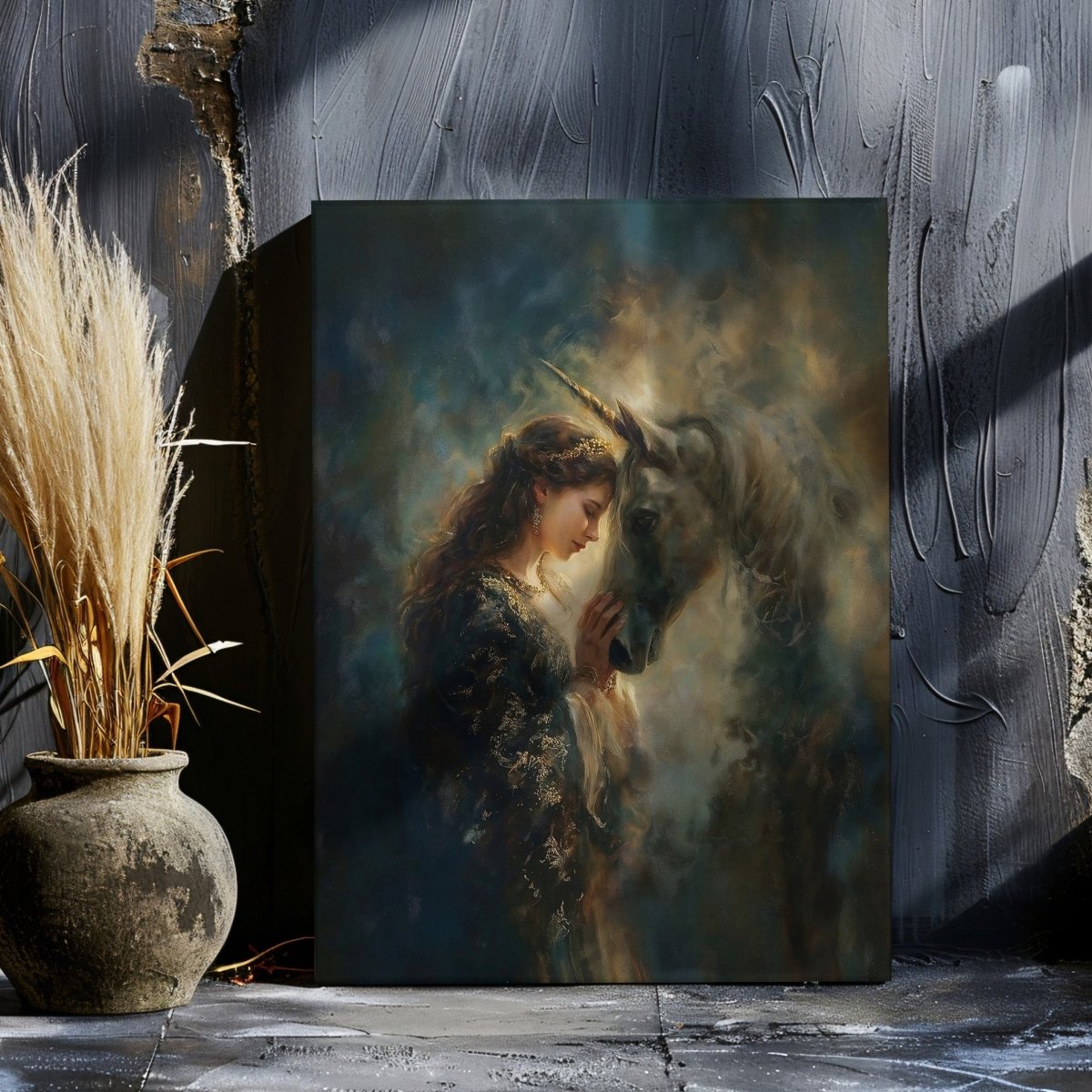 Eve with Celestial Unicorn Canvas Print – Glowing Mythic Fantasy Artwork for Enchanted Fairycore Spaces - Everything Pixel