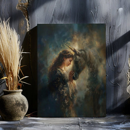 Eve with Celestial Unicorn Canvas Print – Glowing Mythic Fantasy Artwork for Enchanted Fairycore Spaces - Everything Pixel