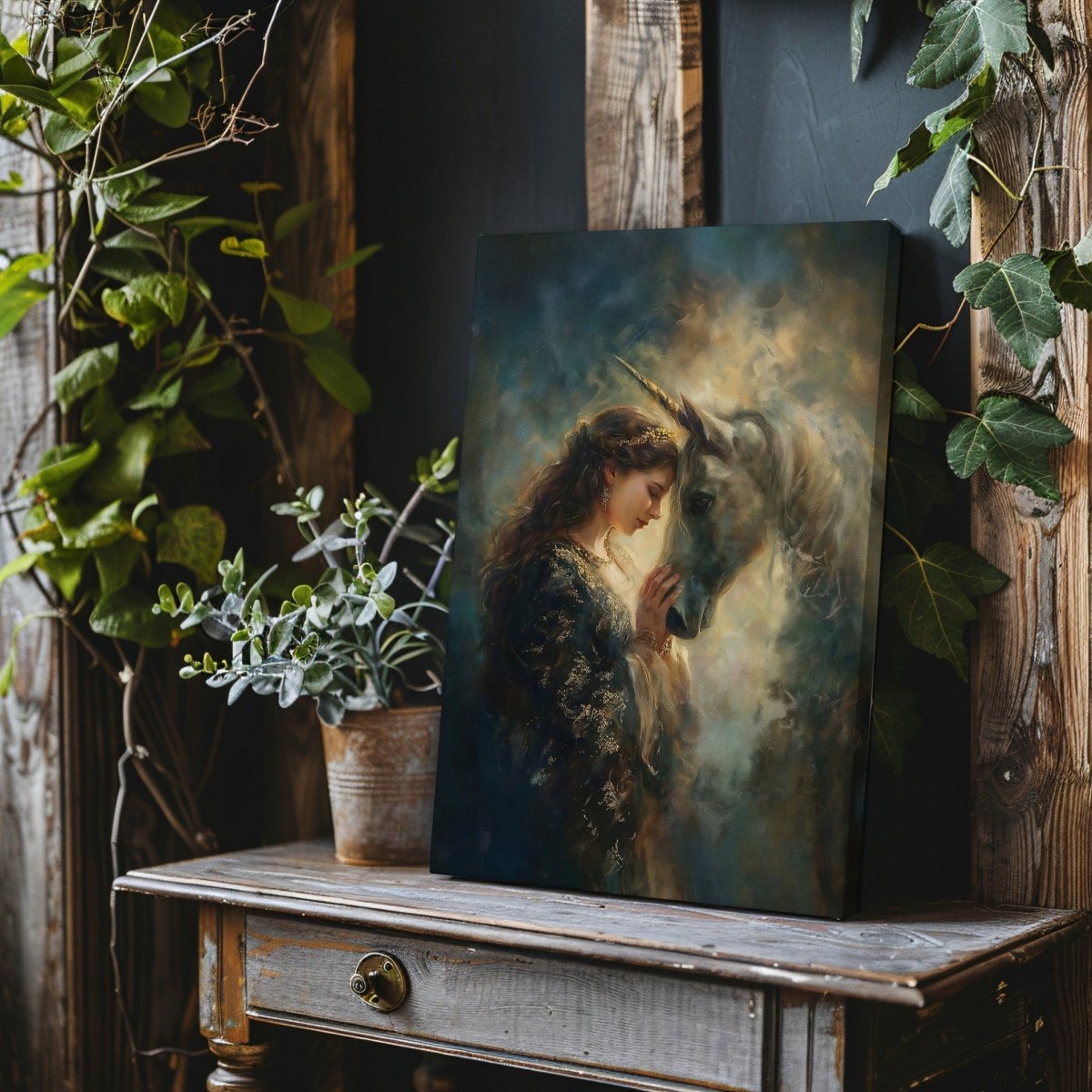 Eve with Celestial Unicorn Canvas Print – Glowing Mythic Fantasy Artwork for Enchanted Fairycore Spaces - Everything Pixel