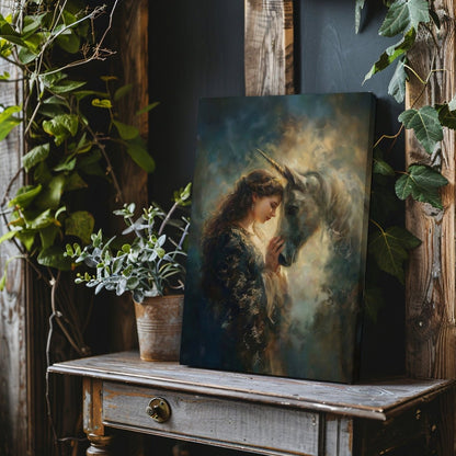 Eve with Celestial Unicorn Canvas Print – Glowing Mythic Fantasy Artwork for Enchanted Fairycore Spaces - Everything Pixel