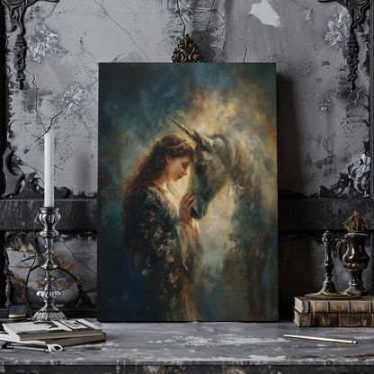 Eve with Celestial Unicorn Canvas Print – Glowing Mythic Fantasy Artwork for Enchanted Fairycore Spaces - Everything Pixel