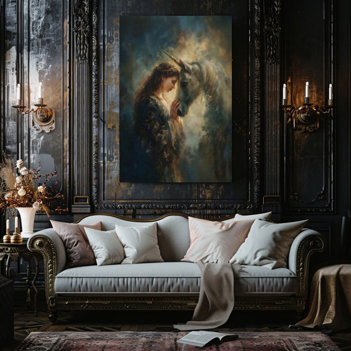 Eve with Celestial Unicorn Canvas Print – Glowing Mythic Fantasy Artwork for Enchanted Fairycore Spaces - Everything Pixel