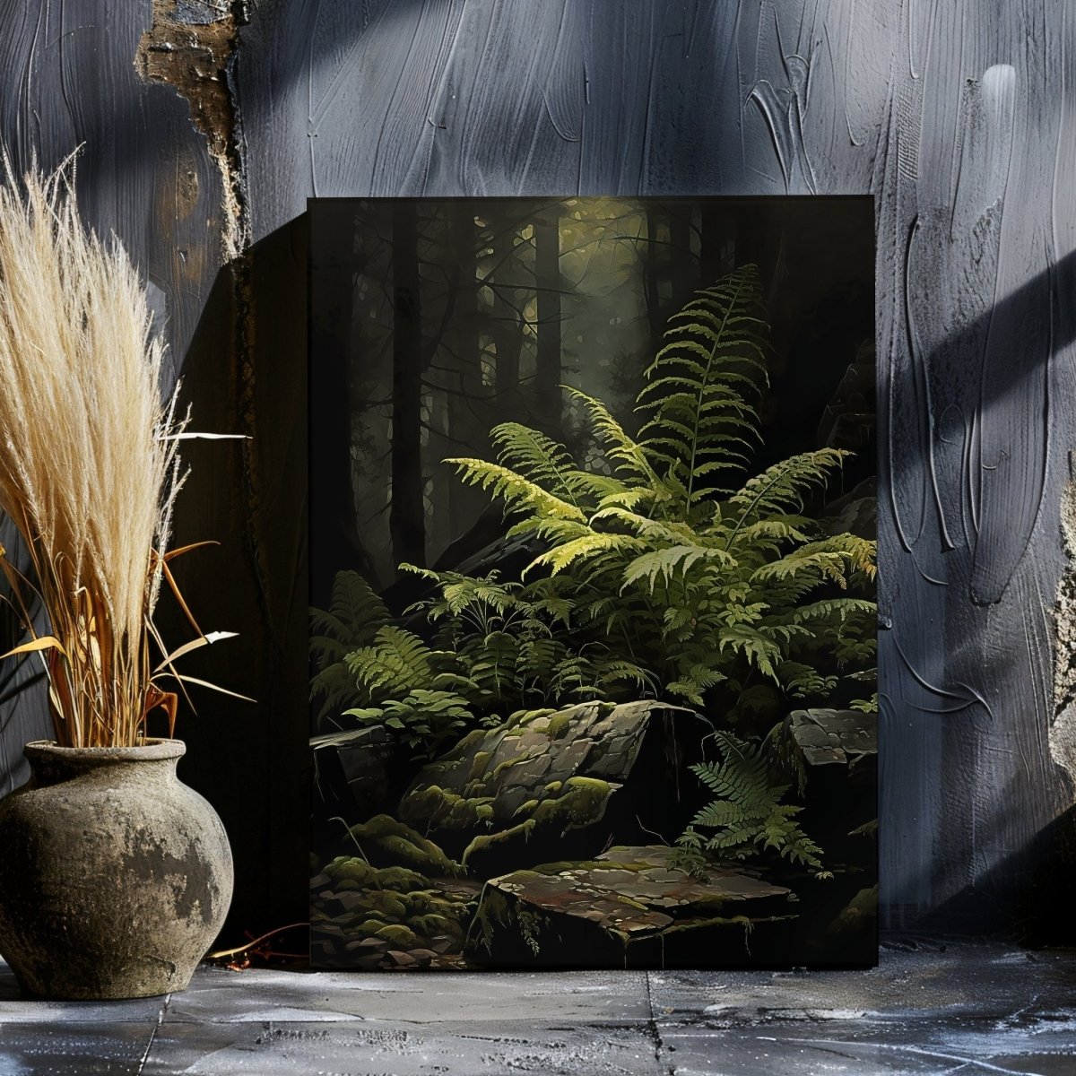 Fern Illuminated by Sunlight in Dark Moody Woodland - Gothic Wall Art Canvas Print - Everything Pixel