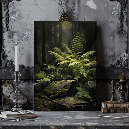 Fern Illuminated by Sunlight in Dark Moody Woodland - Gothic Wall Art Canvas Print - Everything Pixel