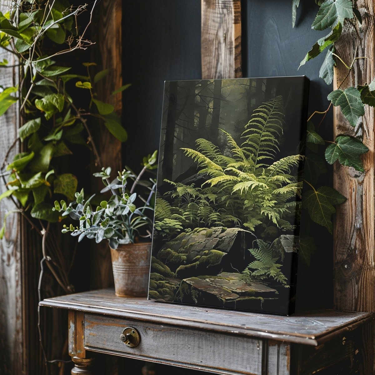 Fern Illuminated by Sunlight in Dark Moody Woodland - Gothic Wall Art Canvas Print - Everything Pixel