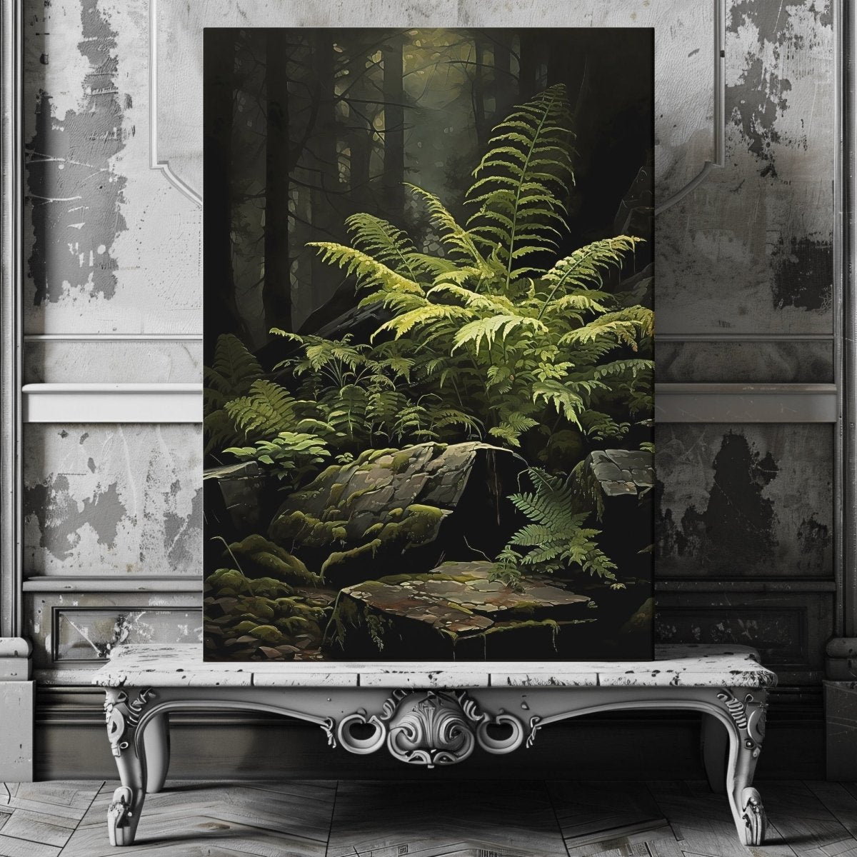 Fern Illuminated by Sunlight in Dark Moody Woodland - Gothic Wall Art Canvas Print - Everything Pixel