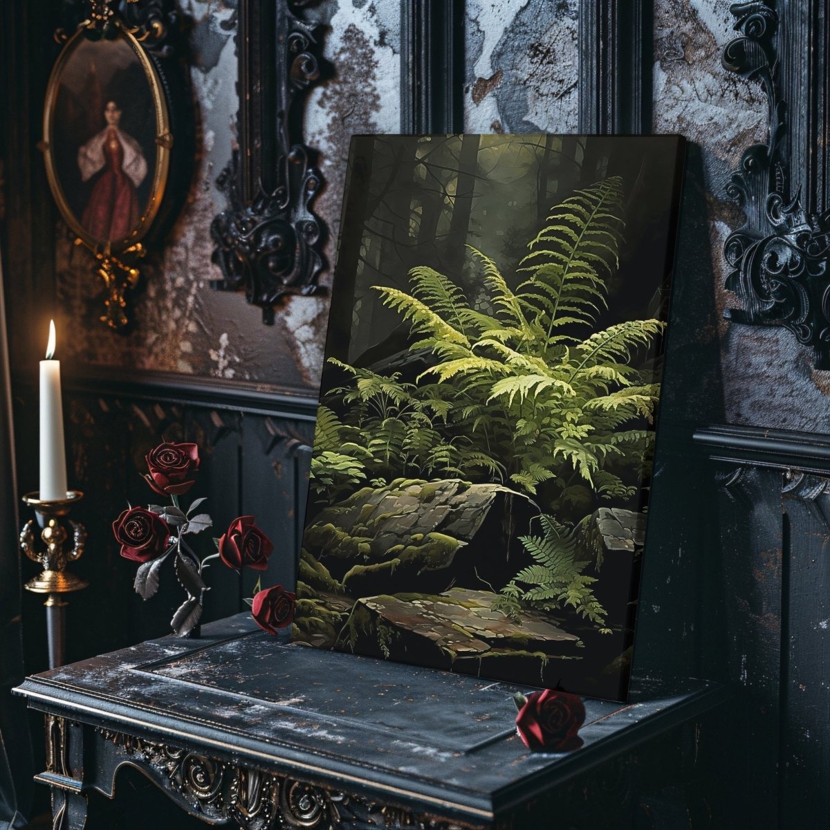 Fern Illuminated by Sunlight in Dark Moody Woodland - Gothic Wall Art Canvas Print - Everything Pixel