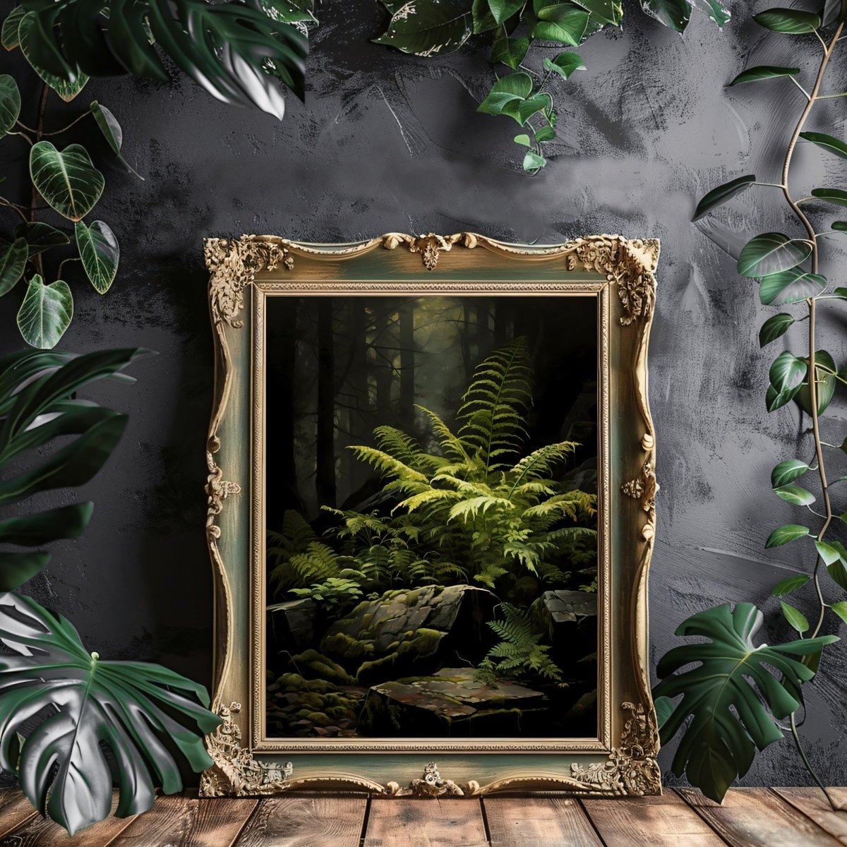 Fern in Moody Woodland Gothic Wall Art Cottagecore Vintage Botanical Decor Green Aesthetic Wall Art Goblincore Oil Painting Dark Moody Gothic Paper Poster Print - Everything Pixel