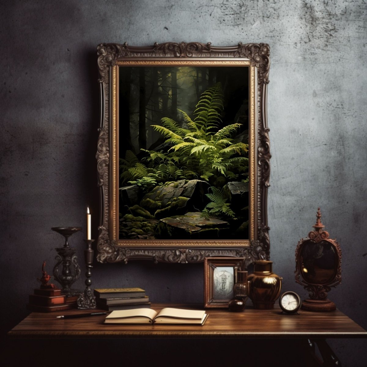 Fern in Moody Woodland Gothic Wall Art Cottagecore Vintage Botanical Decor Green Aesthetic Wall Art Goblincore Oil Painting Dark Moody Gothic Paper Poster Print - Everything Pixel