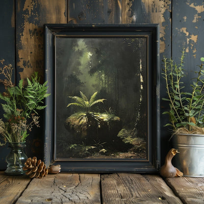 Fern on Rock in Dark Woodland - Gothic Vintage Wall Art Print - Everything Pixel