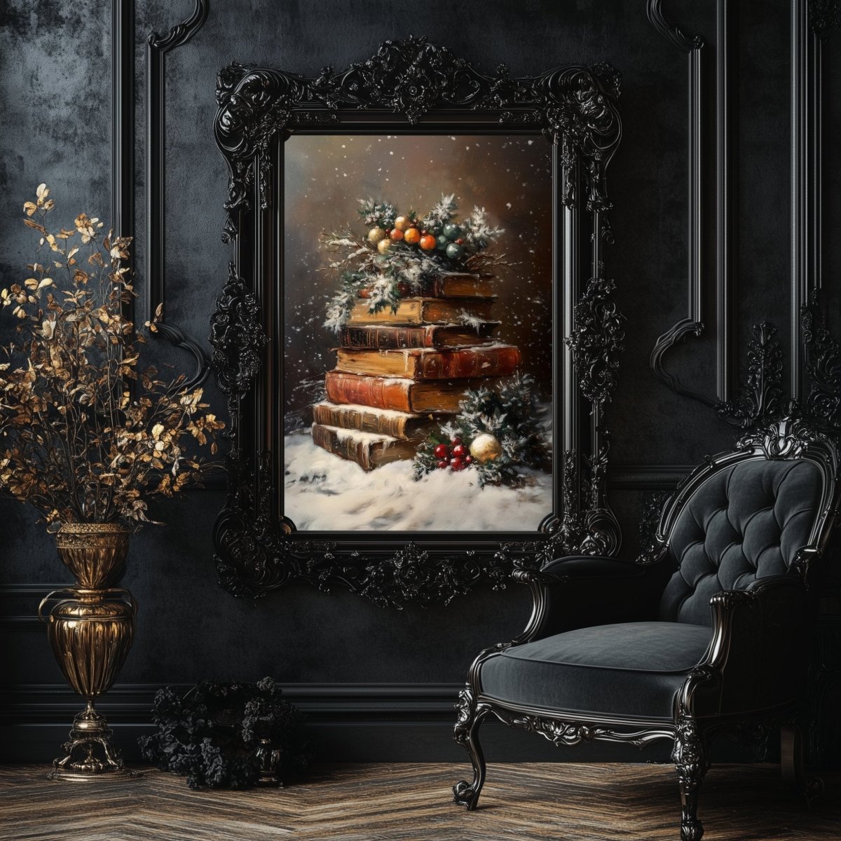 Festive Still Life of Antique Books with Snow and Holly - Christmas Wall Art Print for Dark Academia Decor - Everything Pixel