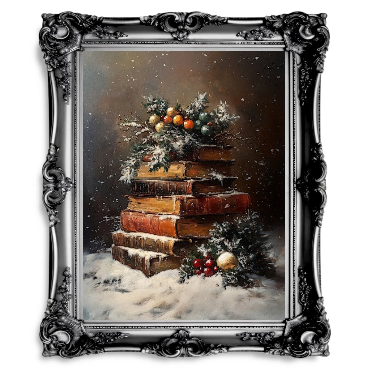 Festive Still Life of Antique Books with Snow and Holly - Christmas Wall Art Print for Dark Academia Decor - Everything Pixel