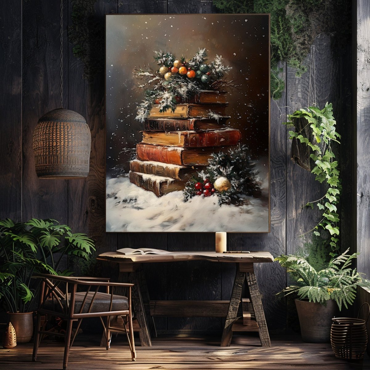 Festive Still Life of Antique Books with Snow and Holly - Christmas Wall Art Print for Dark Academia Decor - Everything Pixel