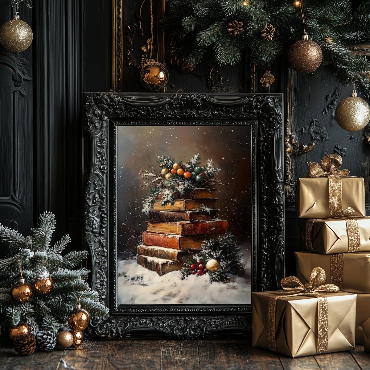 Festive Still Life of Antique Books with Snow and Holly - Christmas Wall Art Print for Dark Academia Decor - Everything Pixel