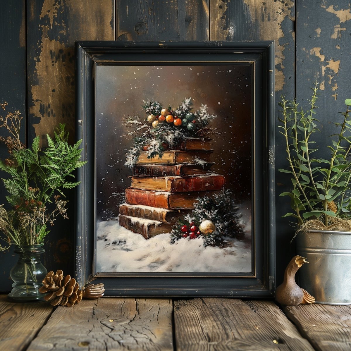 Festive Still Life of Antique Books with Snow and Holly - Christmas Wall Art Print for Dark Academia Decor - Everything Pixel