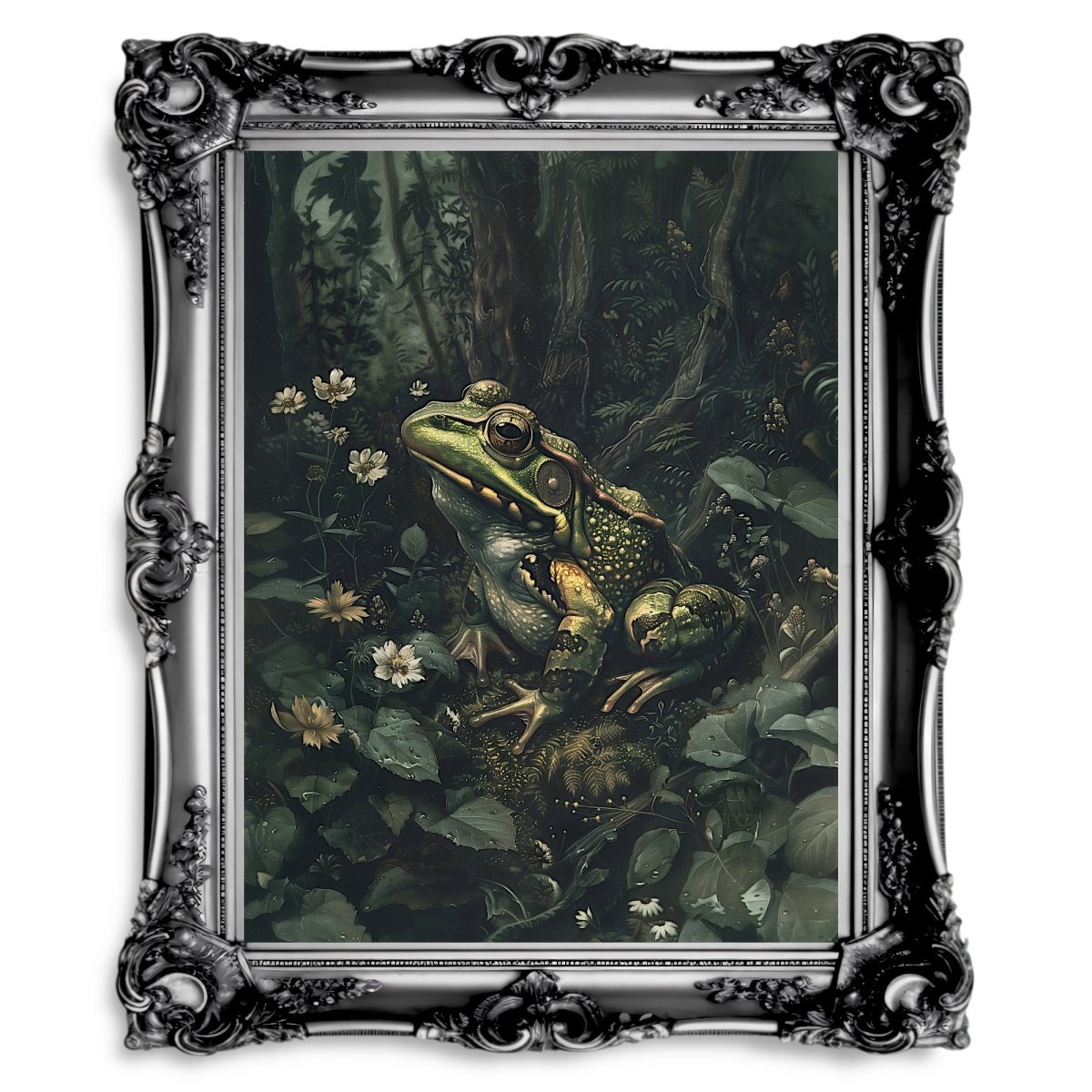 Frog Among Flowers in Moody Woodland Dark Print - Wildlife Wall Decor - Gothic Wall Art Print - Everything Pixel