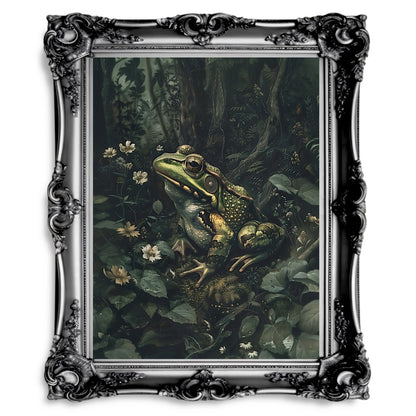 Frog Among Flowers in Moody Woodland Dark Print - Wildlife Wall Decor - Gothic Wall Art Print - Everything Pixel