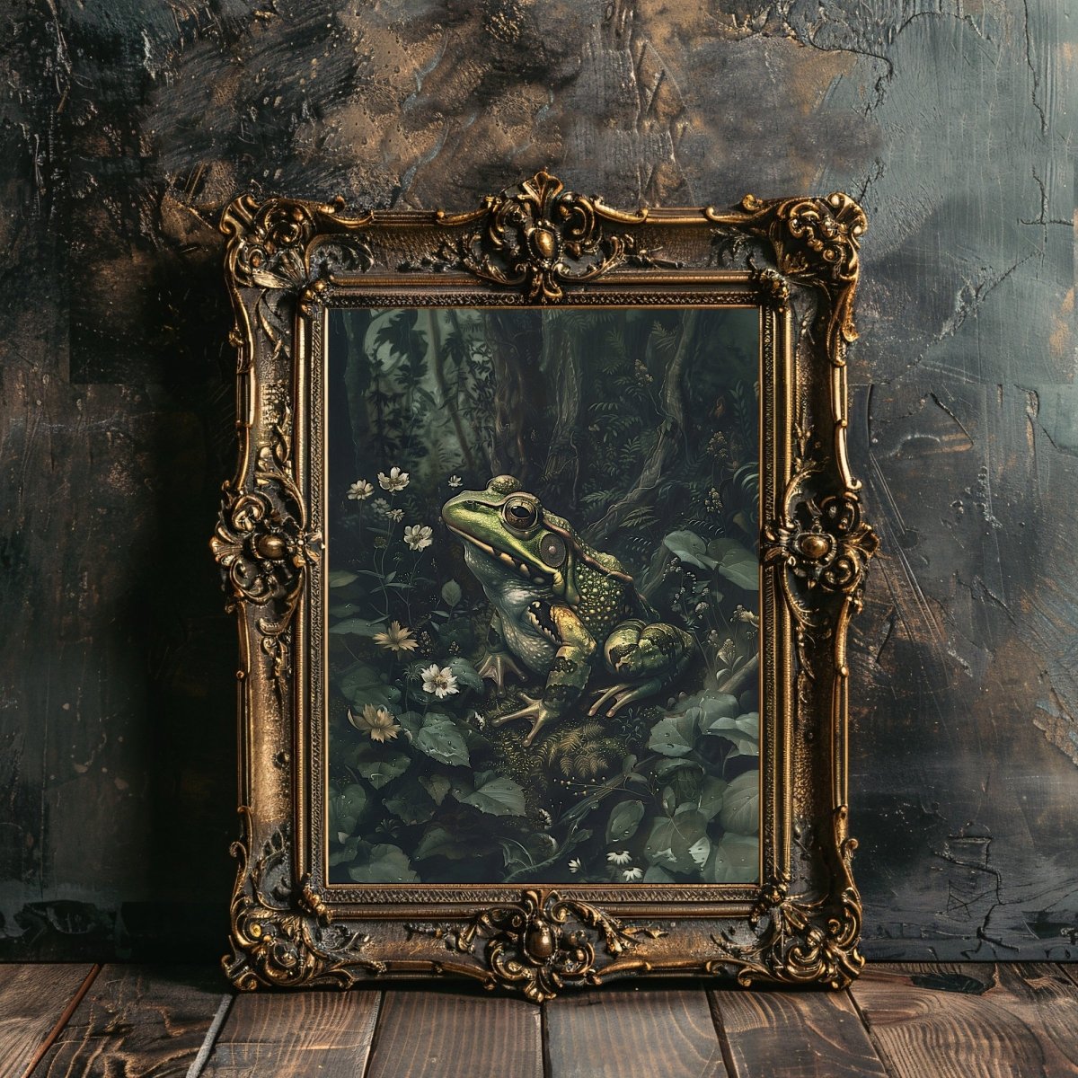 Frog Among Flowers in Moody Woodland Dark Print - Wildlife Wall Decor - Gothic Wall Art Print - Everything Pixel