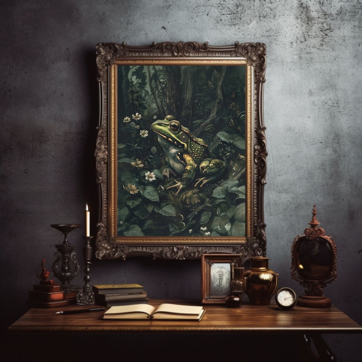 Frog Among Flowers in Moody Woodland Dark Print - Wildlife Wall Decor - Gothic Wall Art Print - Everything Pixel