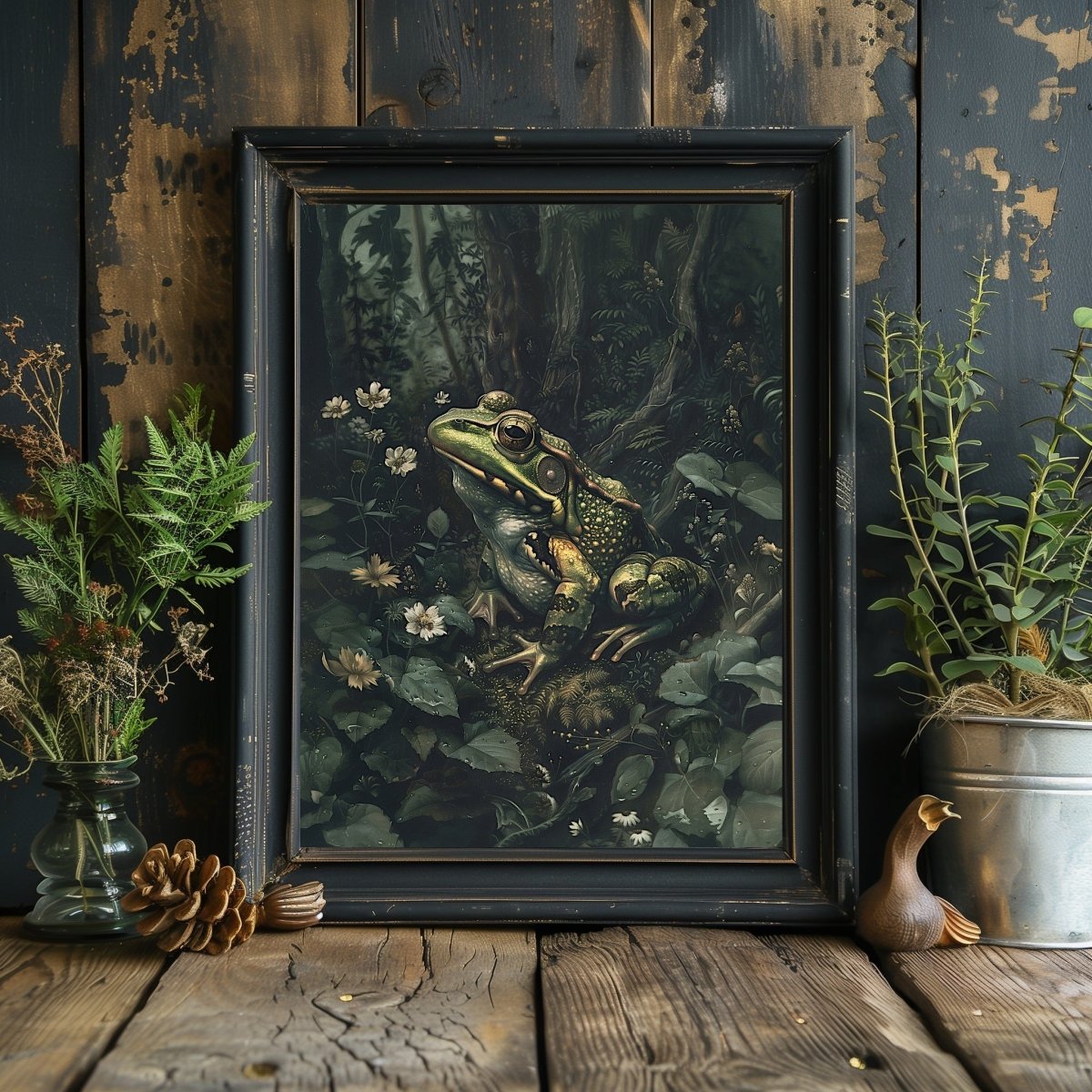 Frog Among Flowers in Moody Woodland Dark Print - Wildlife Wall Decor - Gothic Wall Art Print - Everything Pixel