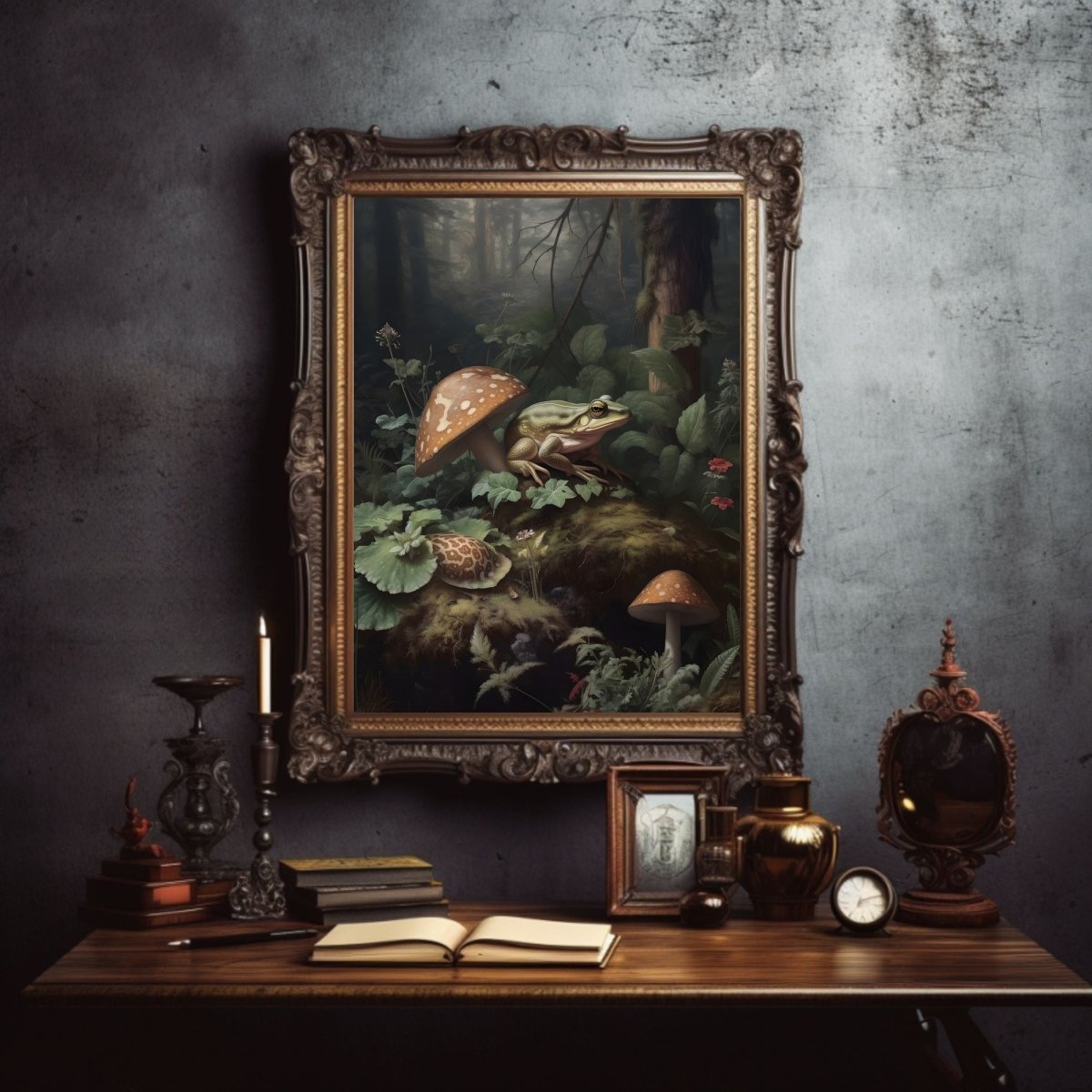 Frog & Mushroom Gothic Wall Art Dark Academia Print Goblincore Vintage Botanical Decor Witchy Gothic Cottagecore Moody Mushroom Paper Poster Prints - Everything Pixel