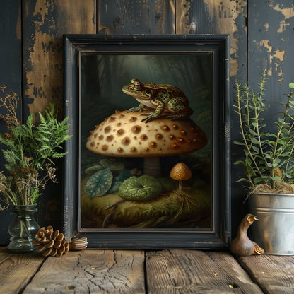 Frog on Mushroom Gothic Wall Art Dark Academia, Goblincore, Vintage Botanical Decor, Witchy Gothic Cottagecore, Moody Mushroom Paper Poster Prints - Everything Pixel